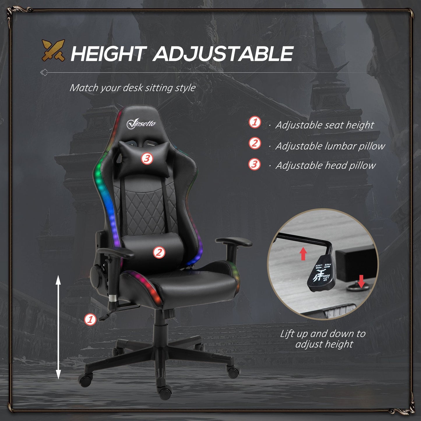 Vinsetto Gaming Chair w/ RGB LED Light, Arm, Swivel Home Office Gamer Recliner, Black