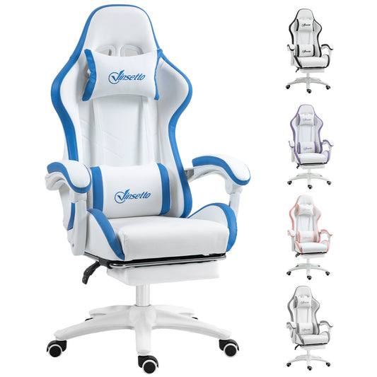 Vinsetto Computer Gaming Chair, PU Leather Desk Chair with Footrest, Swivel Task Chair with 135√Ç¬∞ Reclining Back and Lumbar Support, PC Chair for Adults, White and Blue