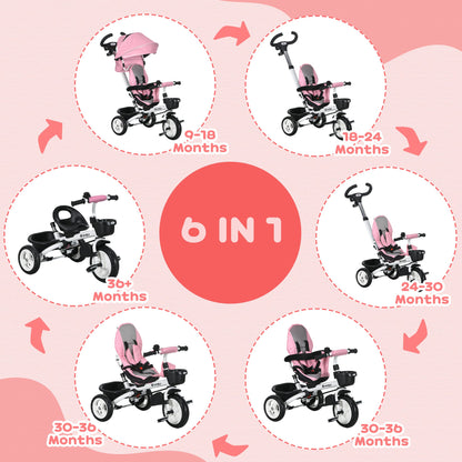HOMCOM Metal Frame 6 in 1 Baby Push Tricycle with Parent Handle for 1-5 Years Old, Pink