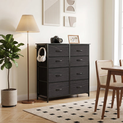 HOMCOM Chest of Drawers, Dresser with 8 Fabric Drawers, Tall Storage Unit with 4 Pockets and 2 Hooks Steel Frame, Black