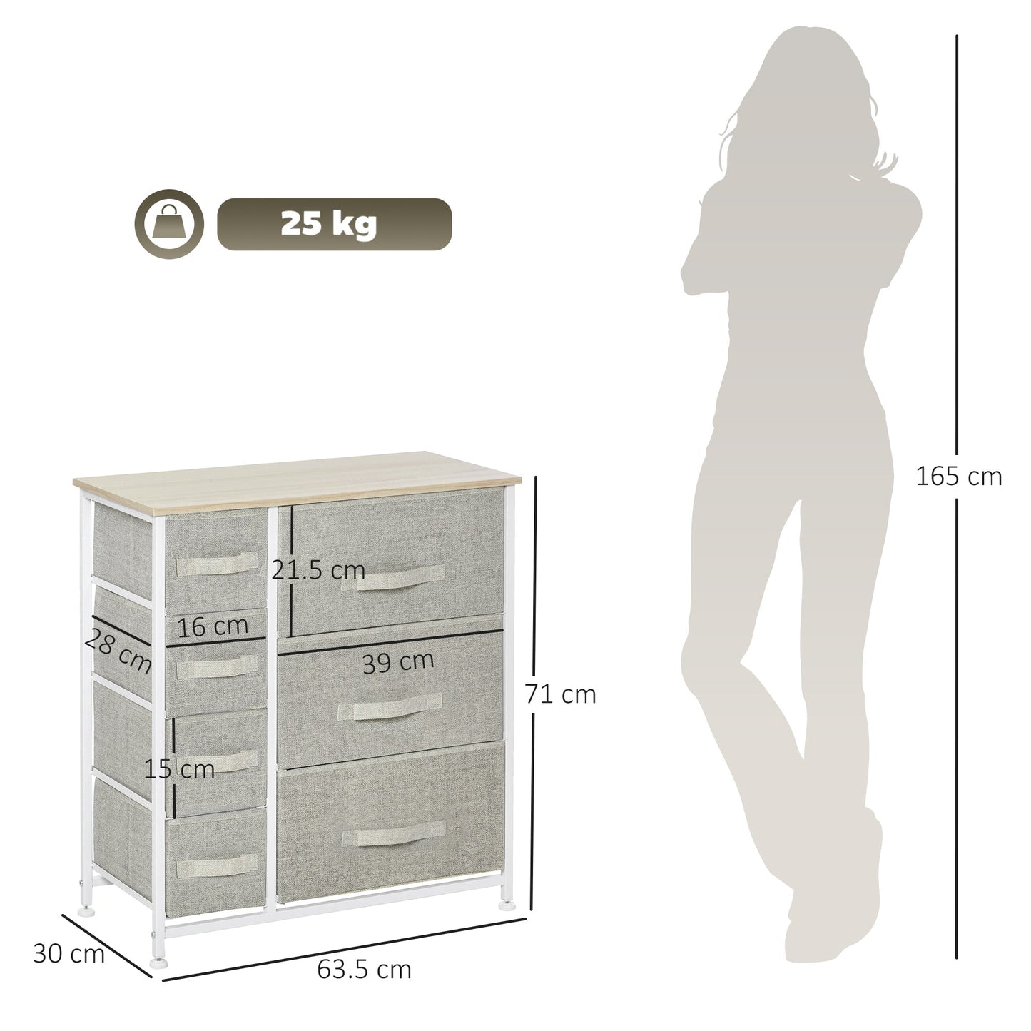 HOMCOM Chest of Drawers with 7 Drawers, Fabric Drawers with Large Storage Space, Drawers Dresser with Metal Frame, Adjustable Feet for Bedroom Living Room, Light Grey