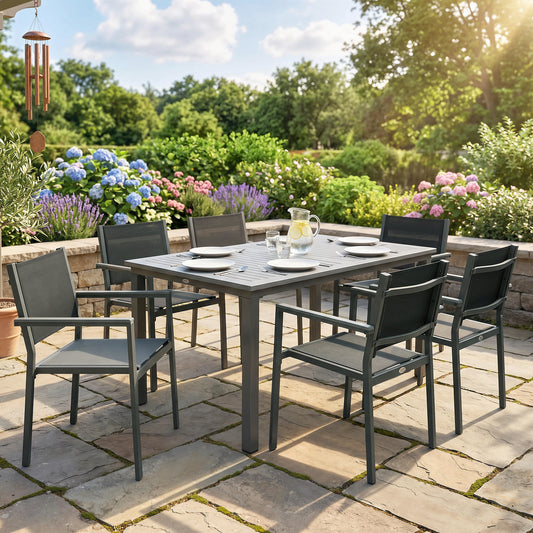Outsunny Garden Dining Set with Acacia Wood Table Top, Outdoor Table and Stackable Chairs Set for 6 with Texteline Seat, for Patio, Conservatory, Terrace, Grey