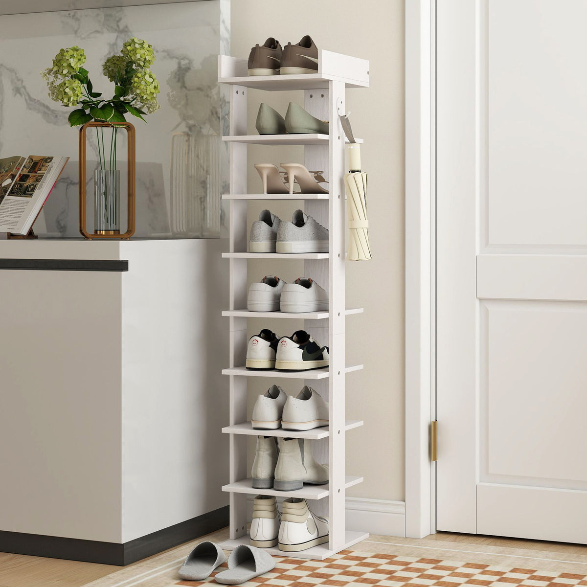 HOMCOM Shoe Rack 9-Tier Shoe Storage Organiser Top Tray Guardrail 2 Hooks 30 x 30 x 128.4 cm White