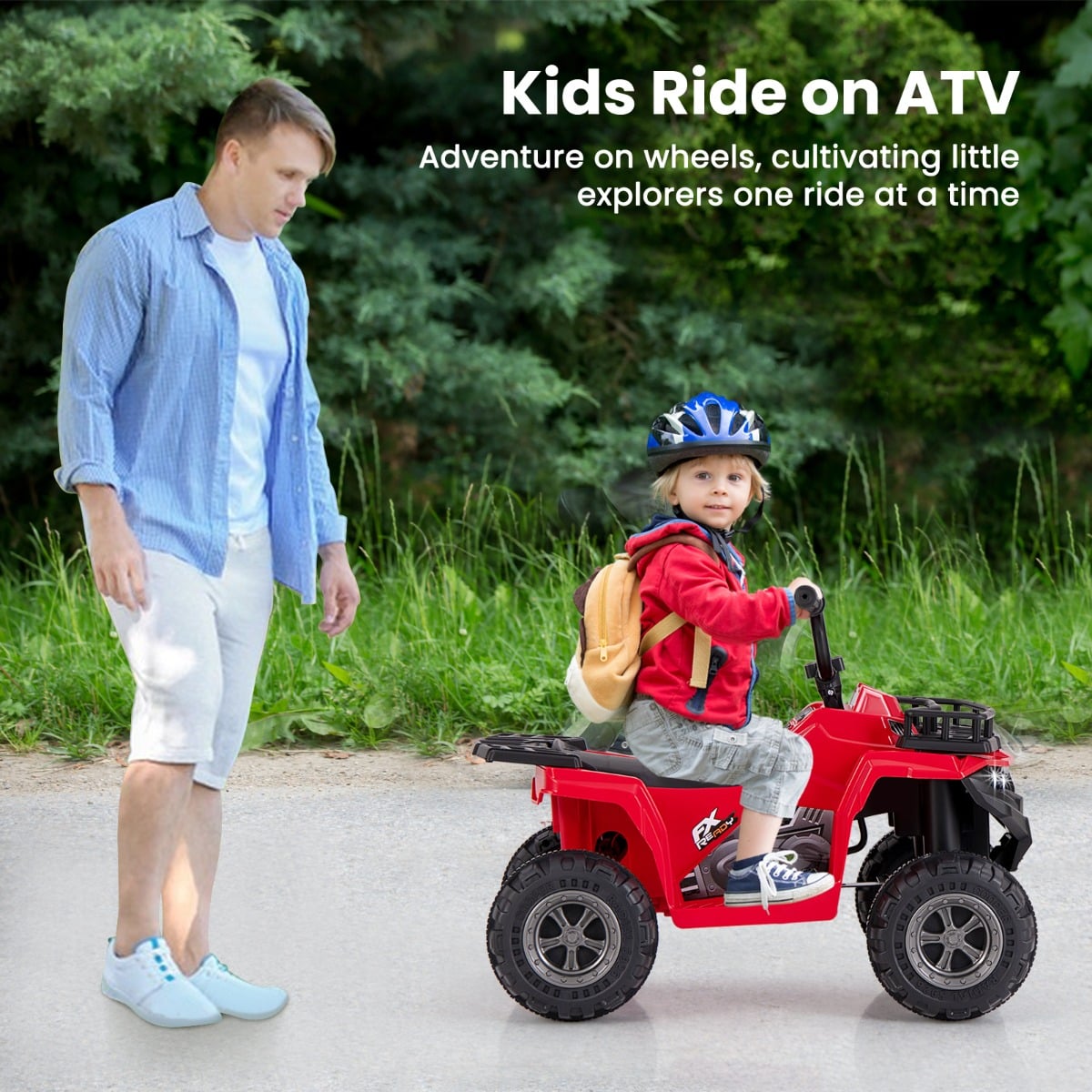 6V 4-Wheeler Quad Car with One-Button Start and Tread Tires-Red