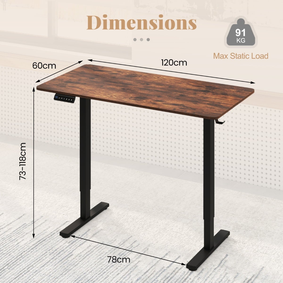 120 x 60 CM Electric Standing Computer Desk with 3 Memory Preset-Rustic Brown