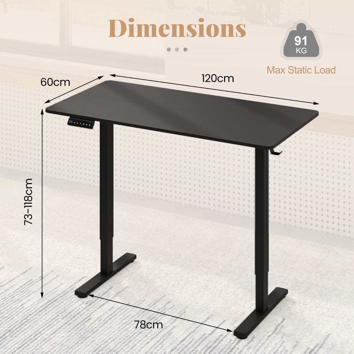 120 x 60 CM Electric Standing Computer Desk with 3 Memory Preset-Black