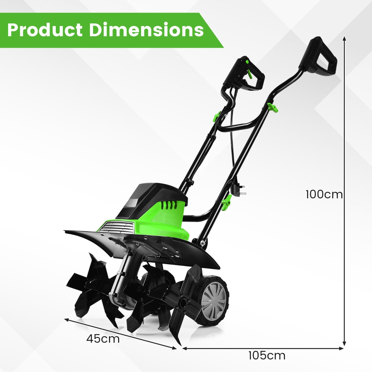 Electric Tiller and Cultivator with Foldable Handle and Adjustable Wheels-Green