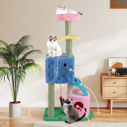 Elephant Themed Cat Tree for Cats with Condos and Padded Perch-Colourful