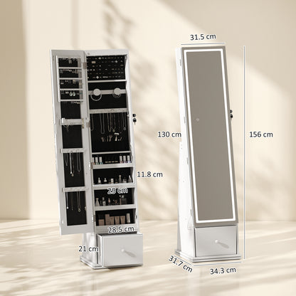 HOMCOM Swivel Jewelry Cabinet with LED Lights, Lockable Standing Full Length Mirror with Storage, 3-Colour Dimmable, White