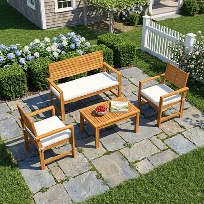 Outsunny 4 Seater Wooden Garden Furniture Set with Loveseat, Armchairs, Table, Acacia Wood Garden Sofa Set, Cream White