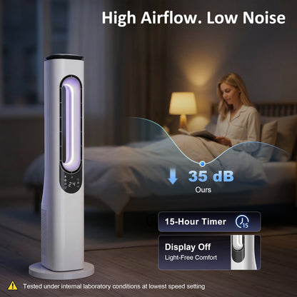 HOMCOM Bladeless Tower Fan for Bedroom, 35dB Standing Cooling Fan with 50° Oscillating, LED Lights, 3 Speeds, 15H Timer, White