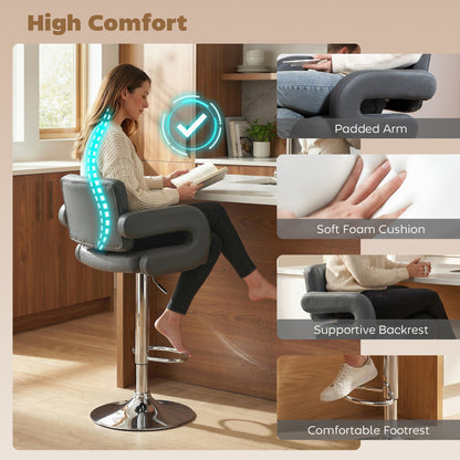 HOMCOM Bar Stools Adjustable Swivel Kitchen Chairs with Backrest Armrest Set of 2 PU Leather Grey