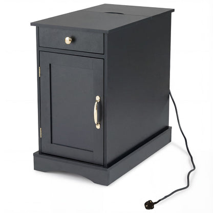 End Table Narrow Nightstand Bedside Table with Charging Station-Black