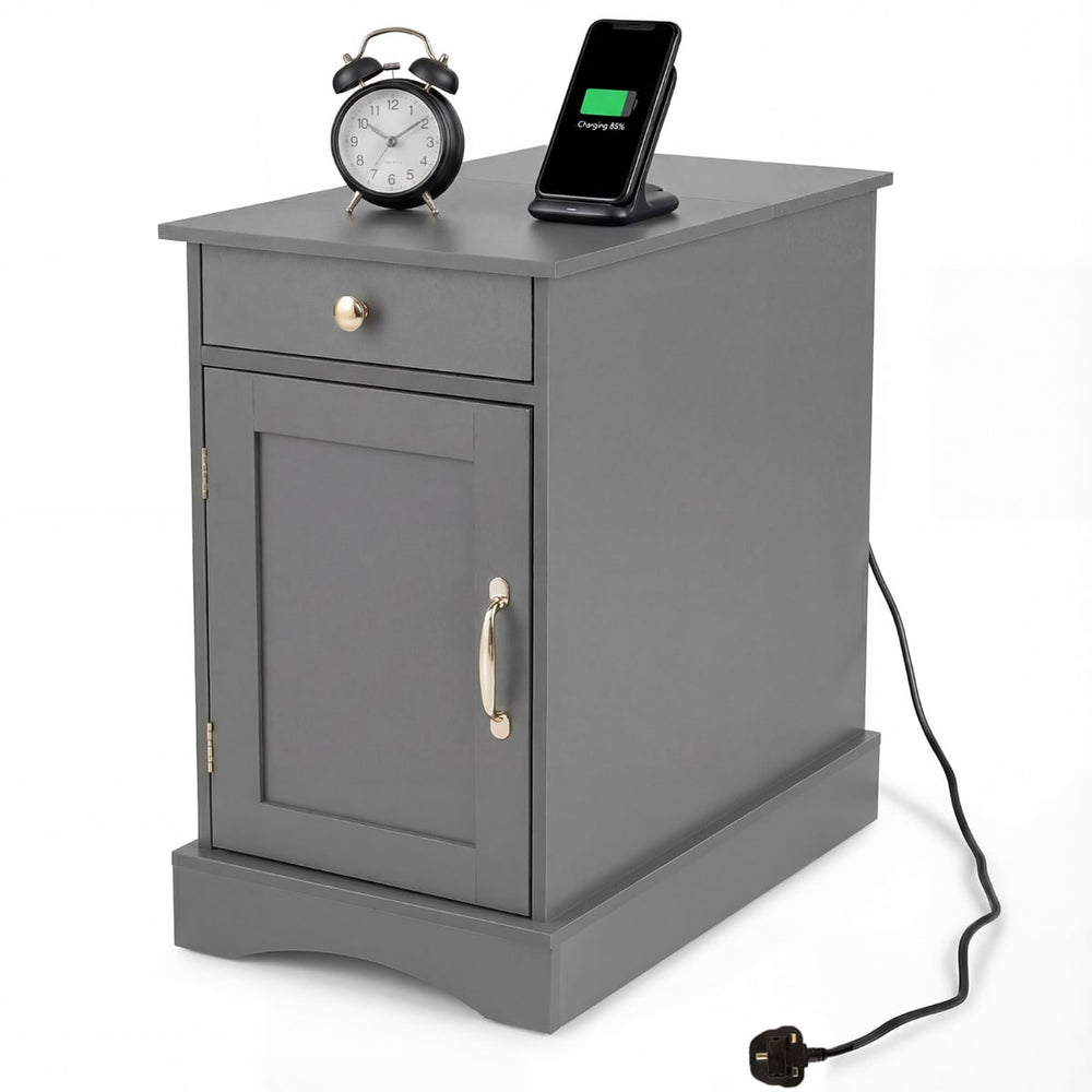 End Table Narrow Nightstand Bedside Table with Charging Station-Grey