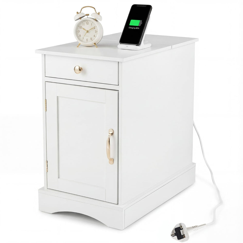 End Table Narrow Nightstand Bedside Table with Charging Station-White
