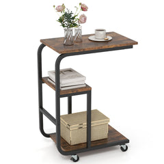 C-shaped End Table Space-saving Couch Table with Open Shelves-Rustic Brown