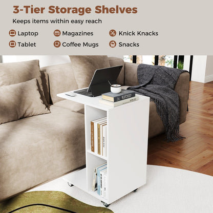 C Shaped Side Table Narrow Table with Storage Shelves Universal Locking Casters Mobile Table White