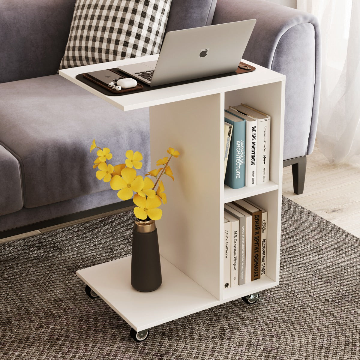 C Shaped Side Table Narrow Table with Storage Shelves Universal Locking Casters Mobile Table White