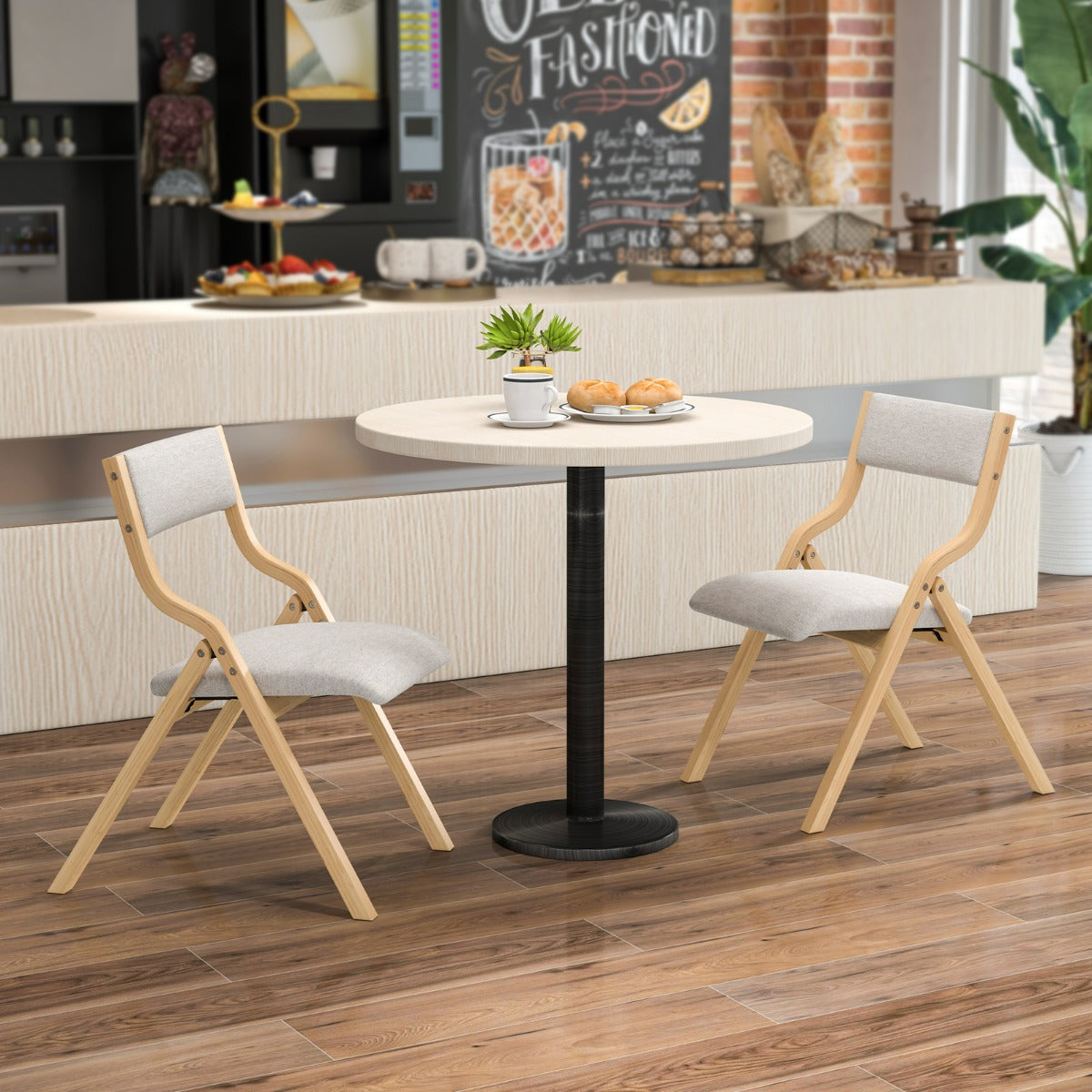 Set of 2 Folding Dining Chairs Upholstered Chairs with Solid Wood Frame Natural Linen Fabric Backrest