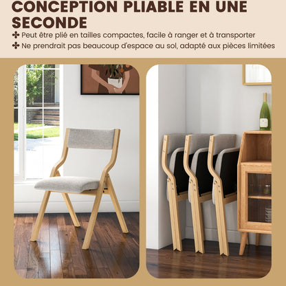 Set of 2 Folding Dining Chairs Upholstered Chairs with Solid Wood Frame Natural Linen Fabric Backrest
