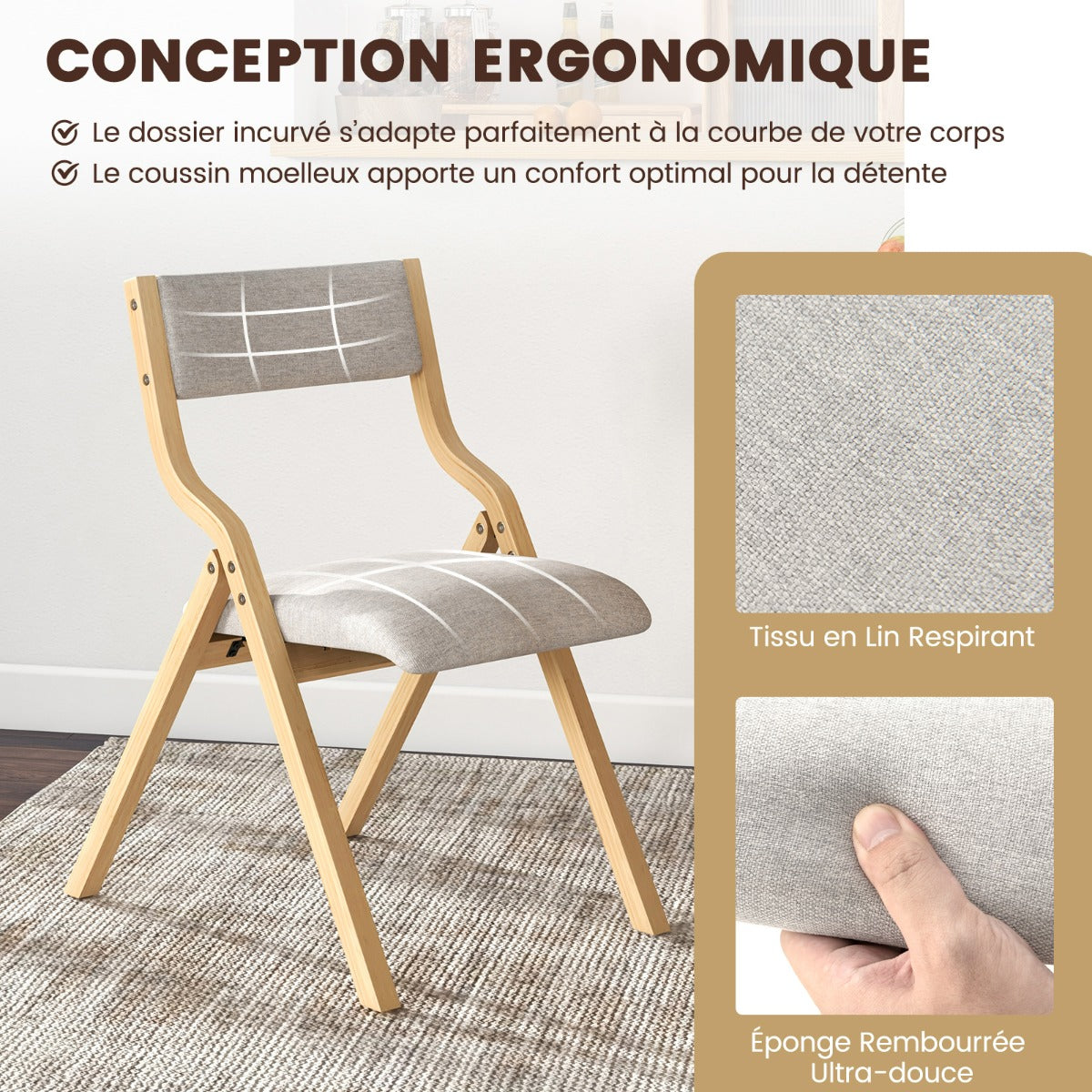 Set of 2 Folding Dining Chairs Upholstered Chairs with Solid Wood Frame Natural Linen Fabric Backrest
