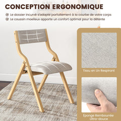 Set of 2 Folding Dining Chairs Upholstered Chairs with Solid Wood Frame Natural Linen Fabric Backrest