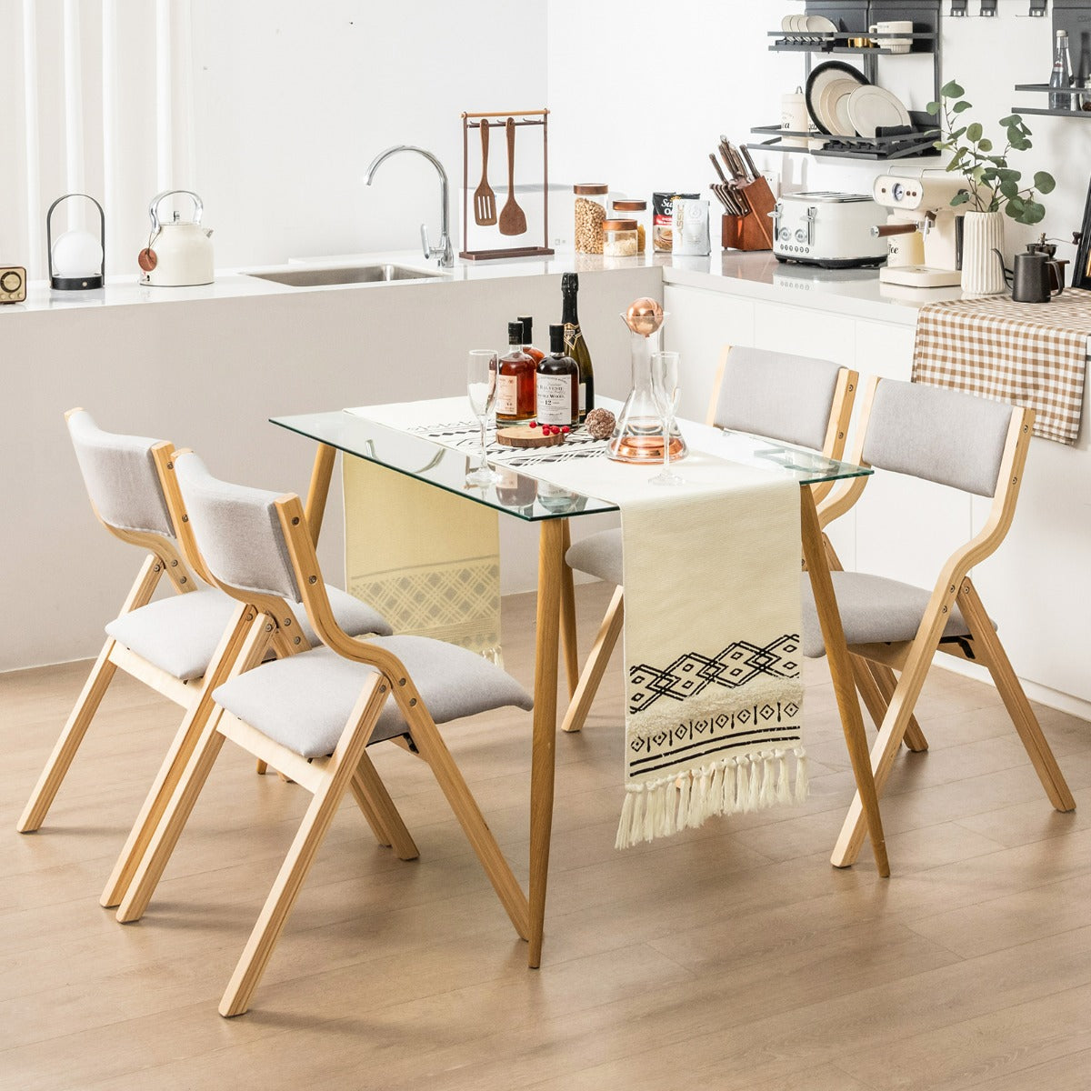 Set of 2 Folding Dining Chairs Upholstered Chairs with Solid Wood Frame Natural Linen Fabric Backrest