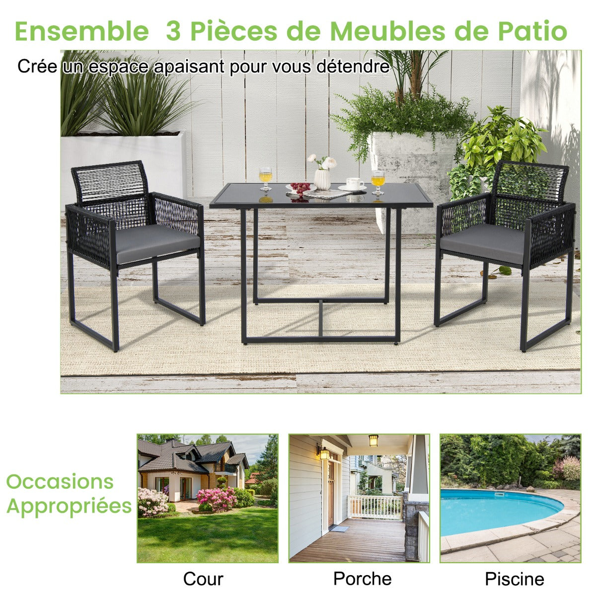 3-Piece Outdoor Dining Set with Folding Backrest &amp; Seat Cushion Patio Furniture Set