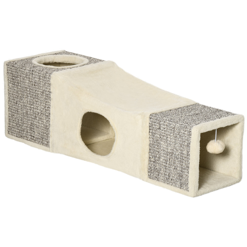PawHut Cat Tunnel, Plush Large Play Tunnel with Two Caves and Hanging Ball, Cream White