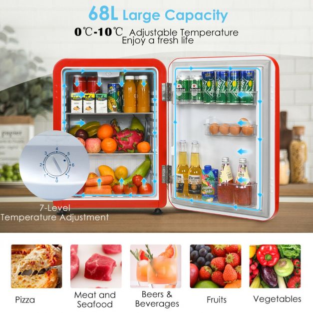 68L Compact Refrigerator with LED Light and Adjustable Thermostat-Red