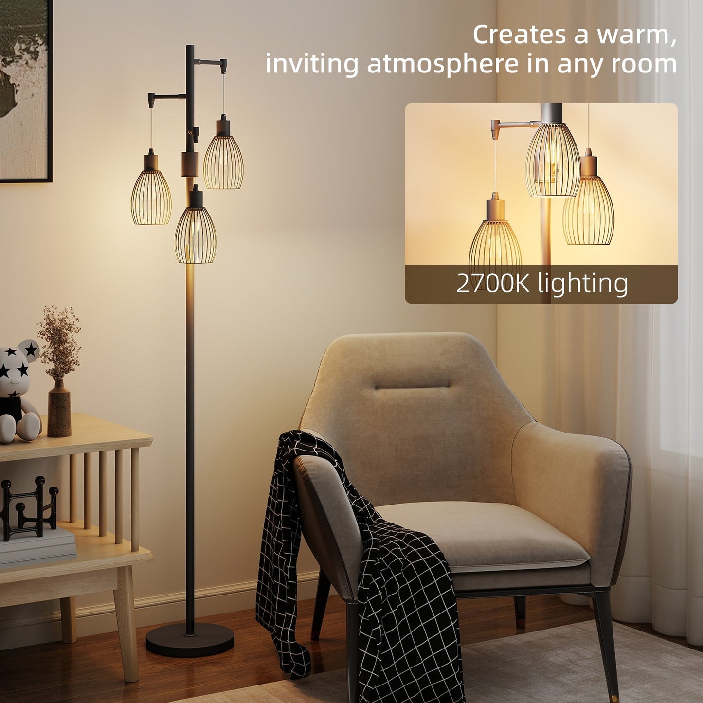 HOMCOM 3-Light LED Floor Lamp, 170cm Industrial Dimmable Standing Lamp with Steel Wire Cage Lampshades, 2700K for Living Room, Bedroom, Dining Room, Study, Black