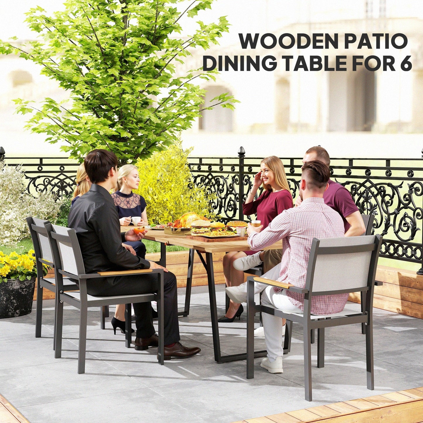 Outsunny 6 Seater Wooden Garden Dining Table, 175 x 80 cm Rectangular Outdoor Dining Table with 5cm Parasol Hole and Slatted Top, Weather Resistant for Patio, Terrace, Brown