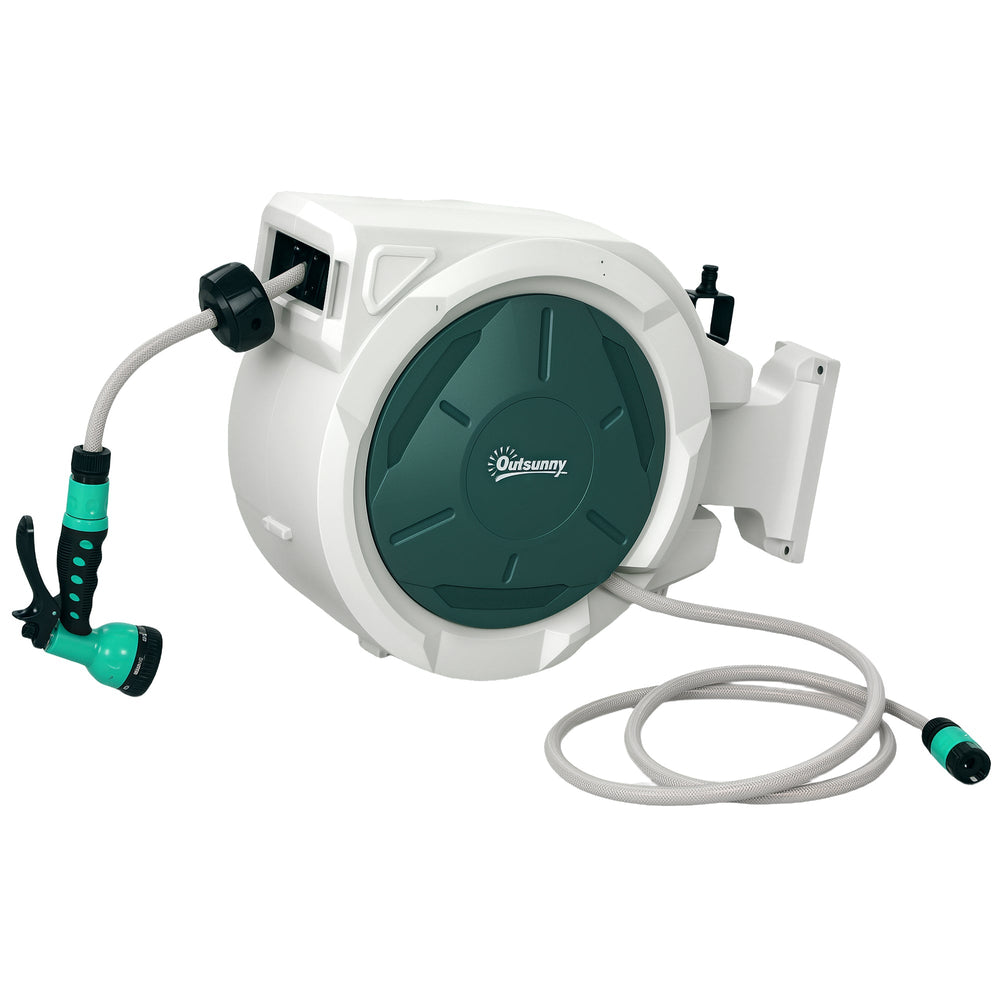 Outsunny Retractable Hose Reel Wall Mounted, 20+2m Garden Hose Pipe Reel with Lock, Auto Rewind, 7 in 1 Spray Nozzle, Includes Wall Fixings, 180 Swivel, Outdoor Watering, Light Grey