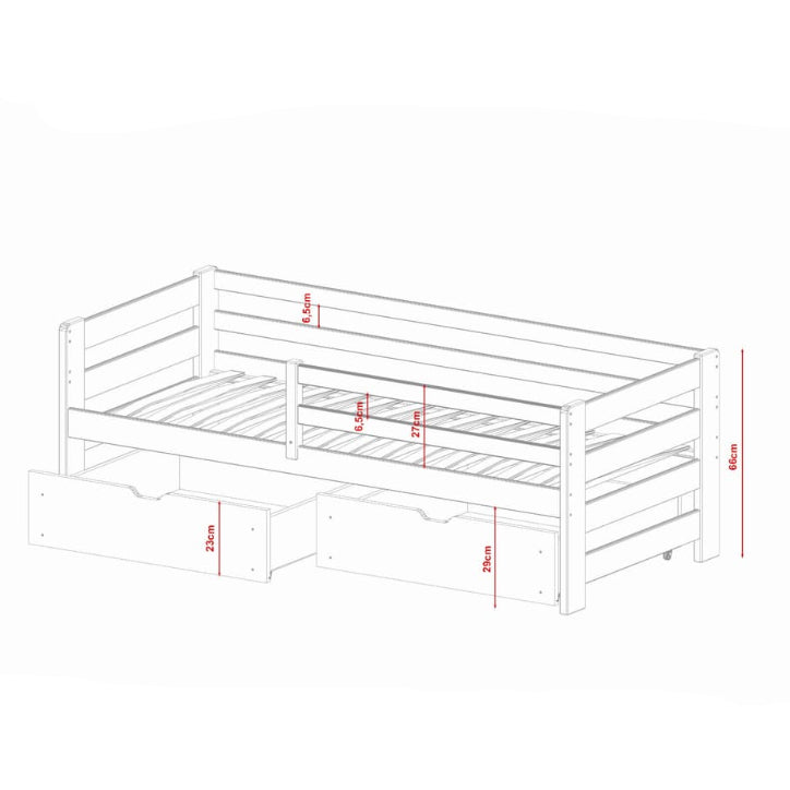 White wooden bed frame with dimensions marked on a white background