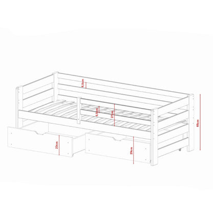White wooden bed frame with dimensions marked on a white background