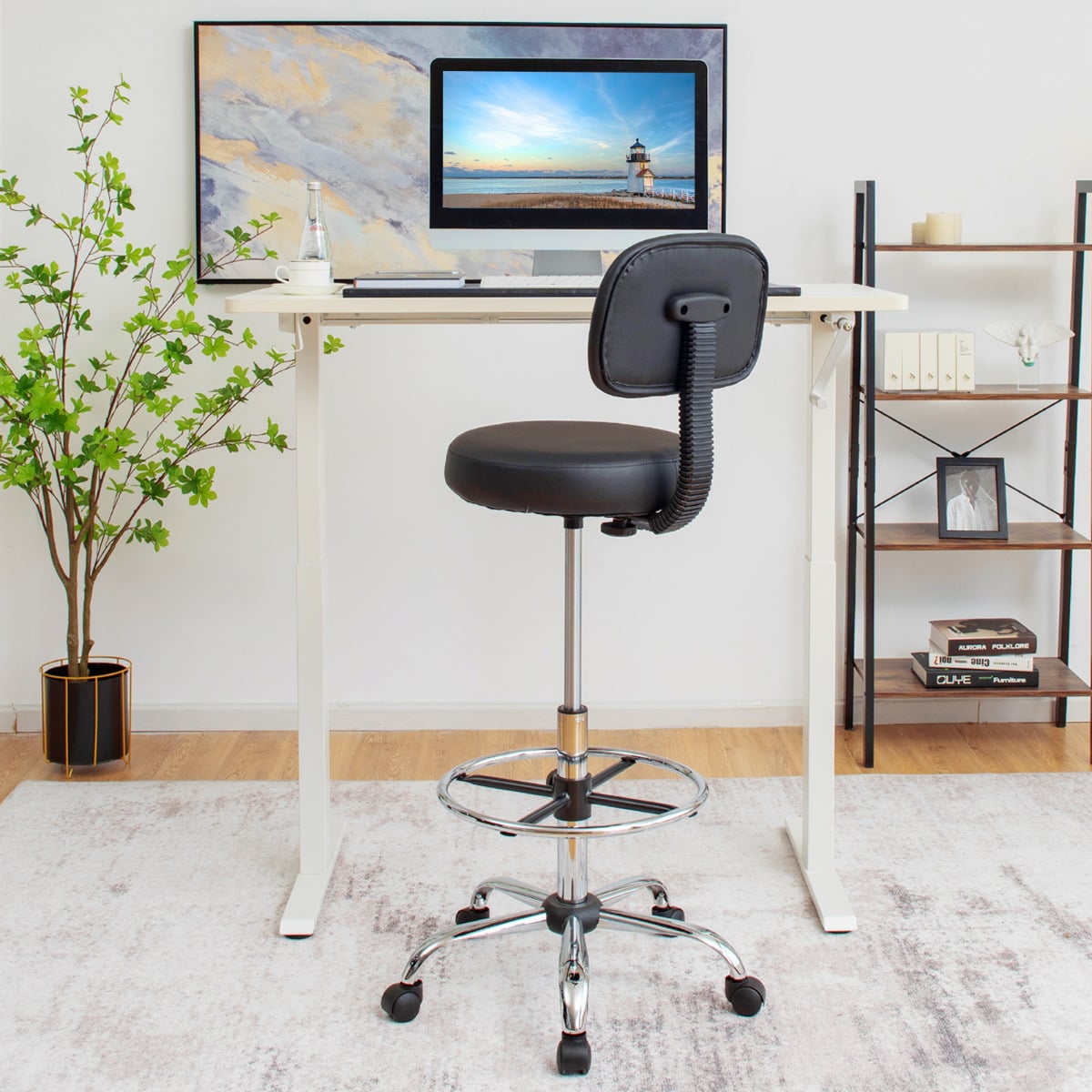 Ergonomic Drafting Chair Set of 2 with Backrest and Adjustable Footrest-Black