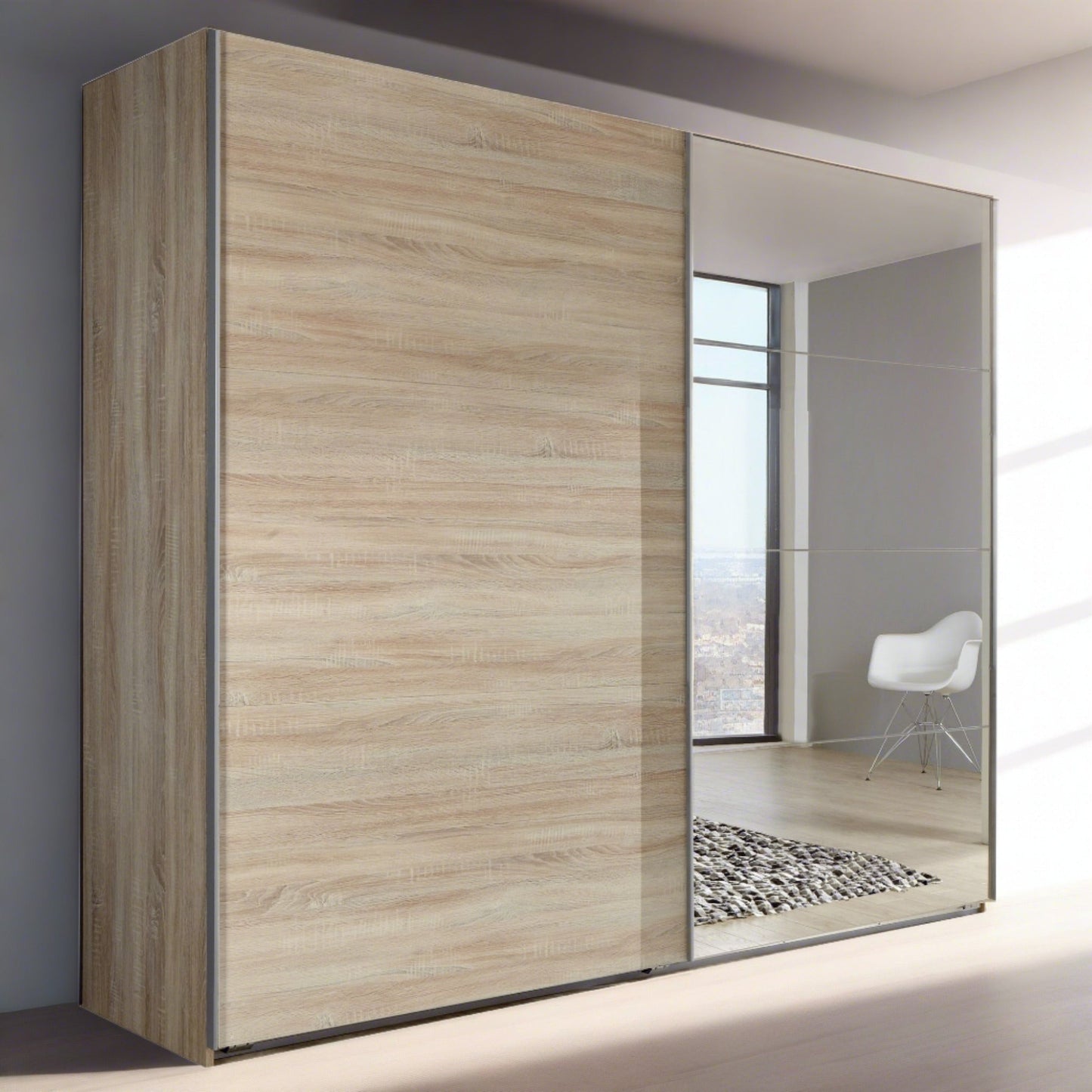 Sliding Wardrobe AMBER 2 Door Mirrored Wardrobe Oak 225cm