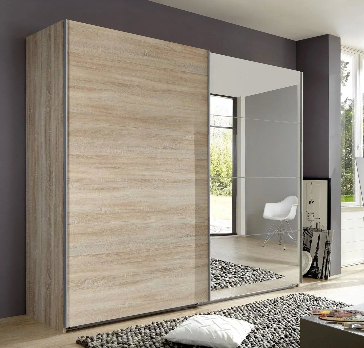 Sliding Wardrobe AMBER 2 Door Mirrored Wardrobe Oak 225cm