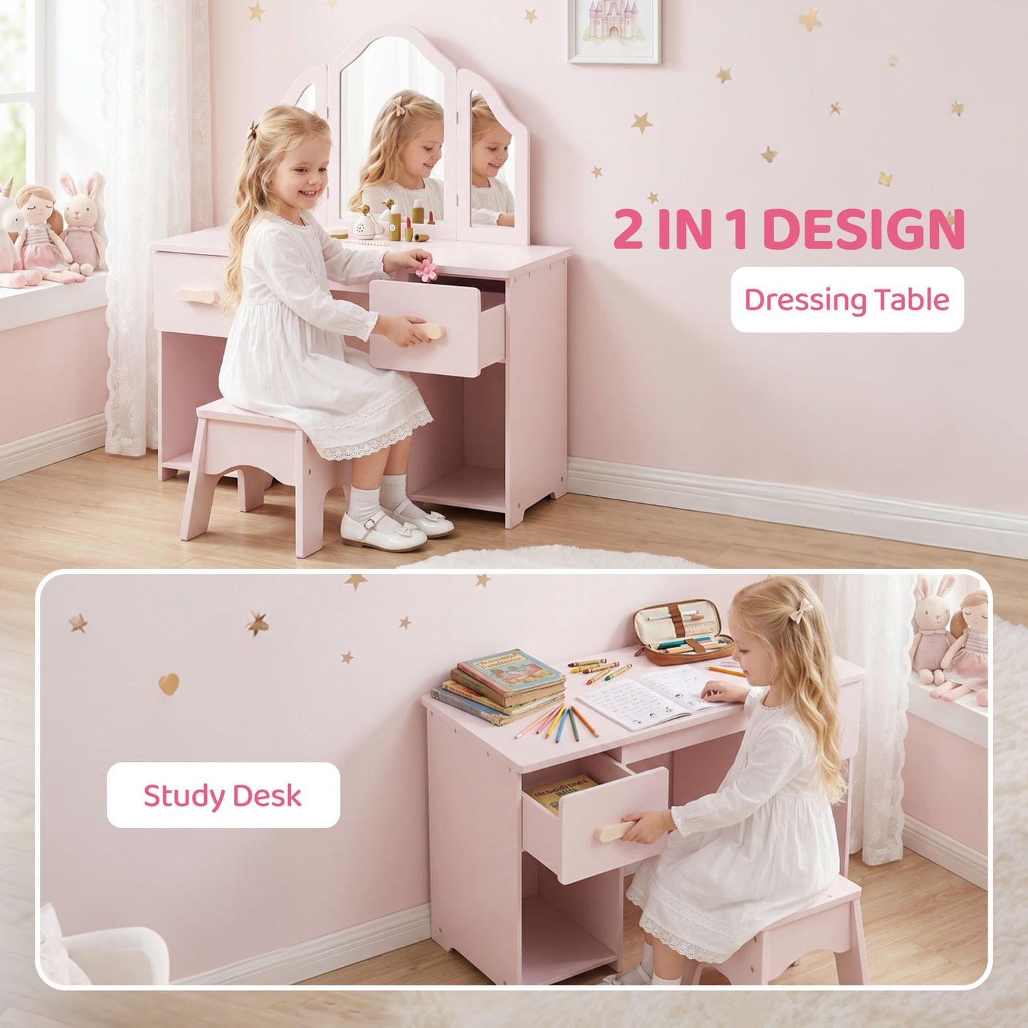 AIYAPLAY Kids Dressing Table, Kids Vanity Table and Chair Set with Tri-Folding Mirror, 2 Drawers, 2 Cabinets for Girls 3+, Pink