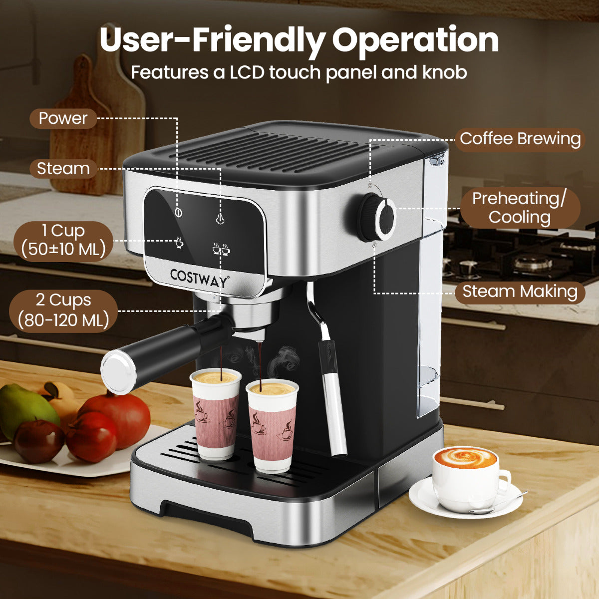 1200W Espresso Machine 20 Bar with Steam Milk Frother-Silver