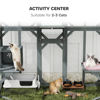 PawHut Catio Outdoor Cat Enclosure,  Wooden Cat House with Platforms, Condo and Waterproof Cover for 2â3 Kittens, Grey