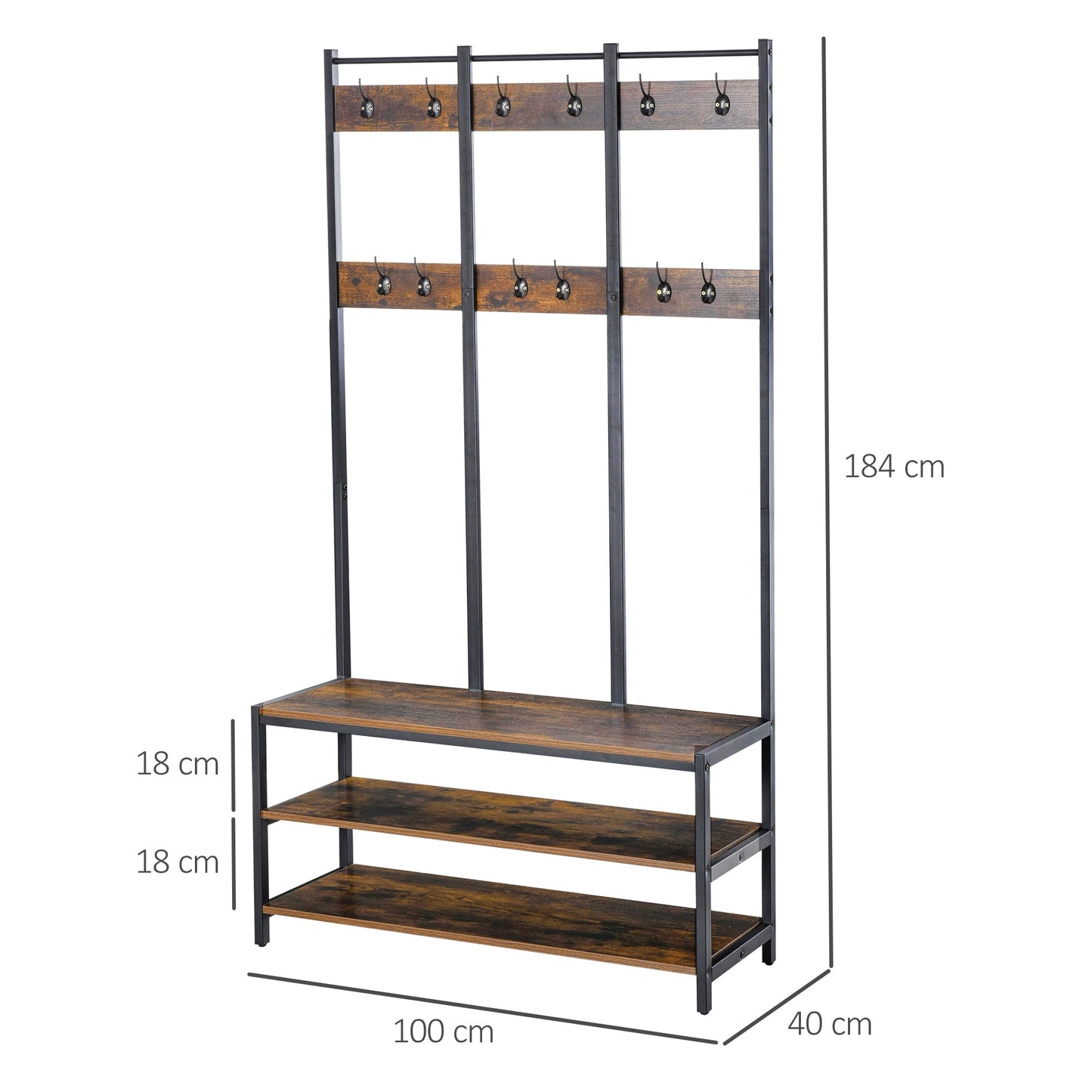 HOMCOM Coat Rack Stand, Free Standing Hall Tree, Coat Stand with Hooks, Bench and Shoe Rack, 100cm x 38.5cm x 185.5cm, Industrial Style, Rustic Brown and Black