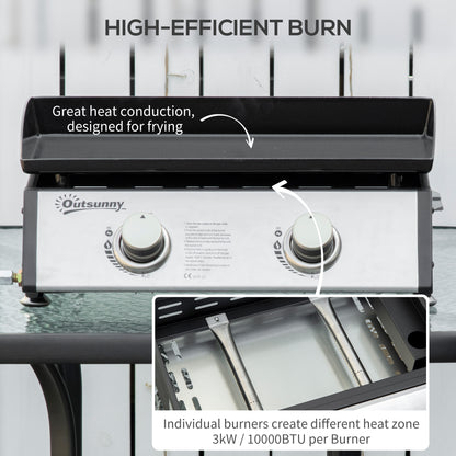 Outsunny Gas Plancha Barbecue Grill with 2 Stainless Steel Burner, 6kW, Portable Tabletop Gas BBQ with Non-Stick Griddle for Camping Picnic Garden Party Festival