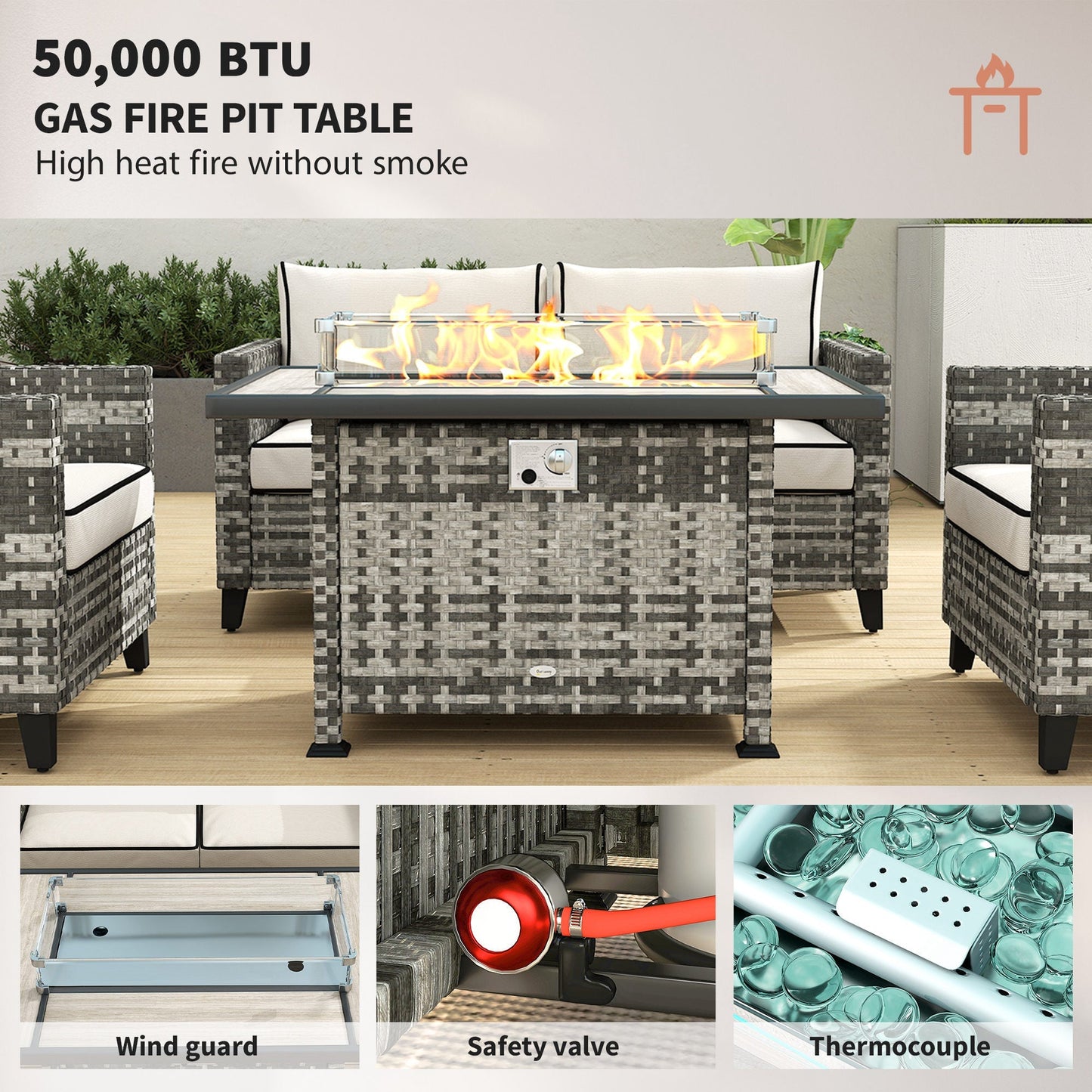 Outsunny 5-Piece Rattan Patio Furniture Set with Gas Fire Pit Table, Loveseat Sofa, Armchairs, Cushions, Pillows, Grey