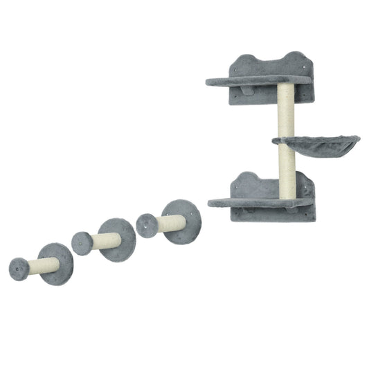 PawHut 4 Piece Cat Shelf with Scratching Post, Wall-Mounted Cat Tree for Indoor Cat - Grey