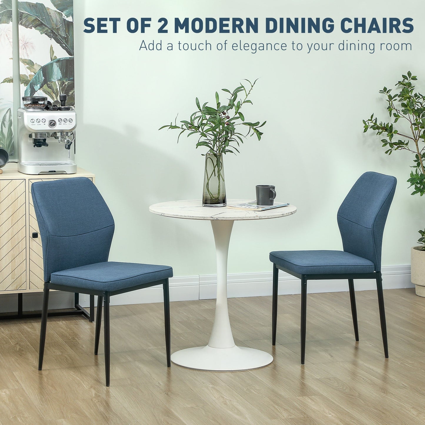 HOMCOM Velvet Dining Chairs Set of 2, Modern Armless Upholstered Kitchen Chairs with Metal Legs, Curved Back and Padded Seat, for Dining Room, Bedroom, Living Room, Blue