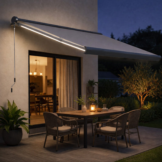 Outsunny 3.5 x 3m LED Light Full Cassette Case Electric Awning for Home Sun Shade with 40m Remote Controller, Grey