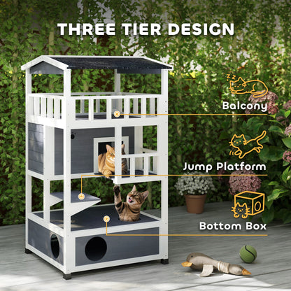 PawHut Wooden Outdoor Cat House, 3-Tier Cat Shelter with Tilted Roof, Terrace, Jump Step, Bottom Tray and Elevated Base, Waterproof Paint, Grey