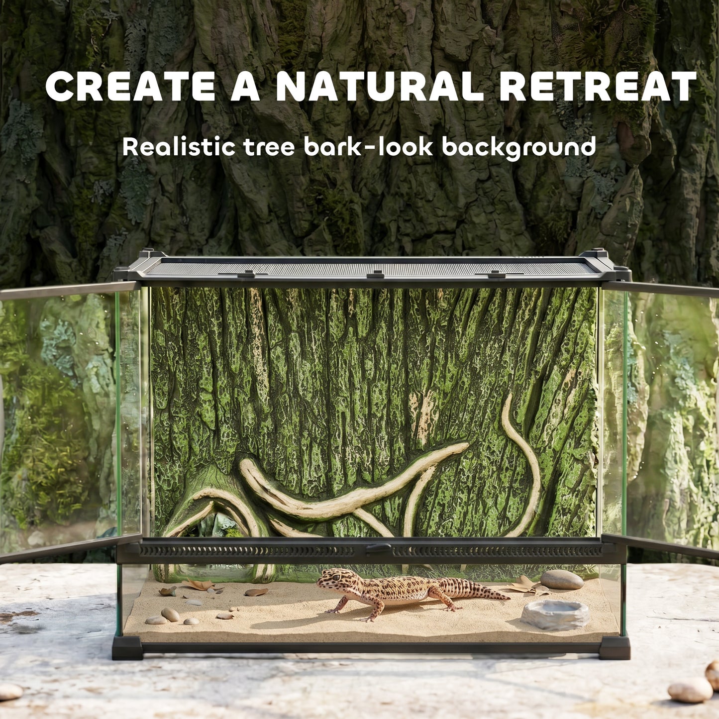 PawHut Reptile Glass Terrarium with Stone Background, Front Ventilation, Escape-Proof Knob Lock, 50 x 30 x 35 cm, Black