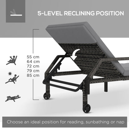 طقم كرسي استرخاء خارجي من الروطان من Outsunny مكون من قطعتين، كرسي استرخاء للحديقة من الخيزران مع مسند ظهر قابل للتعديل على 5 مستويات وعجلتين، باللون الرمادي